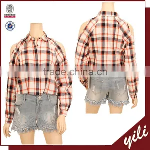 Cold Shoulder Women Plaid Shirt Long Sleeve Fashion Blouses 2015 thumbnail-1