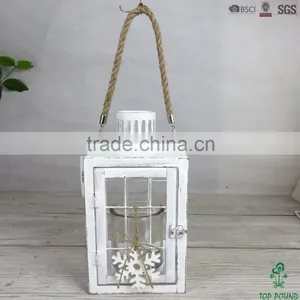 S Size Antique White Metal Lantern With Glass Candle Holder and Jute Rope Handle thumbnail-2