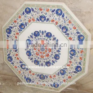 White Marble Coffee Table Top With Semi Precious Inlay Work thumbnail-1