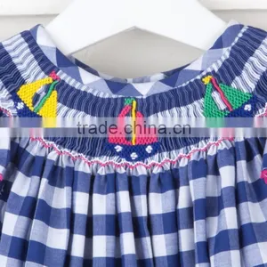 Blue Plaid Children Frocks Designs Kids Smocked Clothing Short Sleeve Baby Girl Dresses thumbnail-3