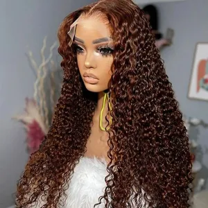 30 Inch Chocolate Brown Deep Wave Preplucked Human Hair 13x4 13X6HD Transparent Lace Front Wigs Curly Lace Frontal Wig for Women thumbnail-1