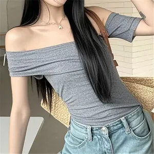 Pure Lustful Hot Girl Streamer One-shoulder Chest T-shirt Women's Summer Sexy Temperament Irregular Waist Short Sleeves thumbnail-1