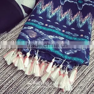 Tassel Aztec Scarf, Blue Scarf Chevron Scarf, Boho Native Southwestern Cotton Scarf, Print Scarf thumbnail-2