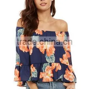 Women's Casual Floral Off Shoulder Chiffon Blouse Top thumbnail-4