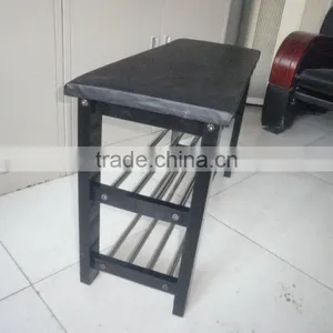 Wood Shoe Bench Organizer Storage Rack With Leather Seat thumbnail-3