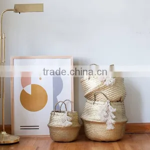 Blush Tassel Golden Metalic Seagrass Belly Basket/folding Seagrass Basket, Set of 3 Sizes thumbnail-1