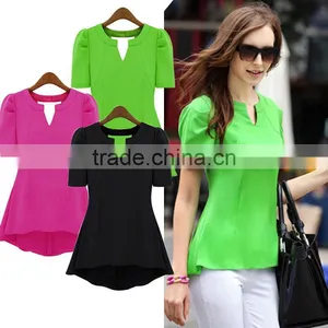 Women's Scarf Collar V Neck Short Sleeve Slim Casual Blouse thumbnail-1