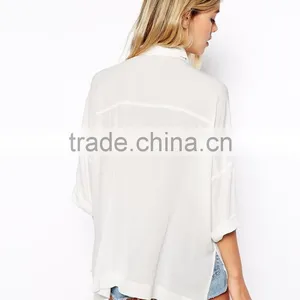 2015 New Fashionable Factory Point Collar Crinkle Oversize Blouse With Semi-sheer Woven Fabric thumbnail-2