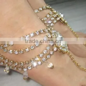 GOLD Tone Crystal PAYAL Anklets Pair With Toe Ring Barefoot Sandal thumbnail-4