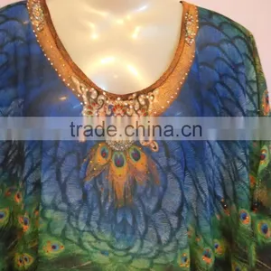 Peacock Print Embellished Kaftan CAFTAN Tunic Poncho Blouse thumbnail-2