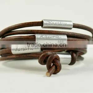 Personalized Engraved Leather Bracelet, Wrapped Leather Bracelet, Name/logo Stamped Bracelet, Multi Strand Family Bracelet thumbnail-1