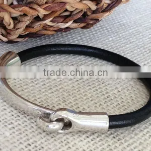 Fashion Leather Bracelet, Antique Silver Hook Clasp-can Stamp Custom Logo, Leather Bangle for Girls and Boys, Unisex Bracelet thumbnail-1