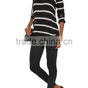 Fashionable V-neck White and Black Strips Pattern Knitwear With Asymmetric Hem and Ribbed Trim thumbnail-2