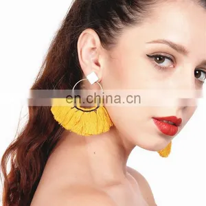 Fashion Women Vintage Geometric Fan - Shaped Cotton Tassel Dangle Ear Stud Earrings thumbnail-4