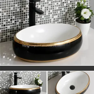 Home Design Oval Luxury Ceramic Countertop Ceramic Black Color Art Basin Sink thumbnail-1