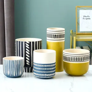 Blue And Yellow Stripe Large Hand Paint Ceramic Flower Pot For Study And Dining Room thumbnail-3