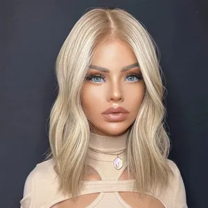 HD Lace Human Hair Wigs Brazilian Natural Wave Bob Wig 13x4 Light Honey Blonde Lace Front Wig Glueless Wig Ash Roots PrePlucked thumbnail-1