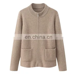 Custom Women's Solid Color Winter Cardigan Knitted Stand Collar Casual Zipper Sweater With Pockets Decoration Made From Cashmere thumbnail-4