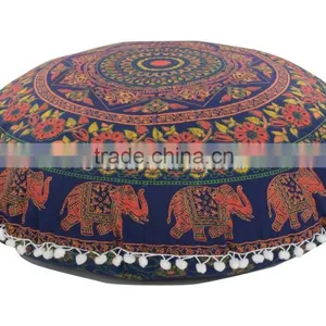 Elephant Print Round Floor Cushion Large Mandala Pillow Cover Decorative Throw Pillows Pom Pom Roundie Indian Cushion Cover thumbnail-1