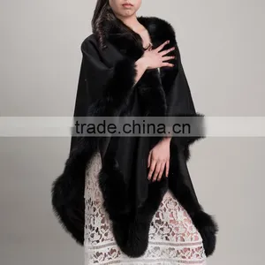 Myfur Fashion Style Women Black Color Cashmere Poncho With Fox Fur Trim Cape/Shawl thumbnail-1