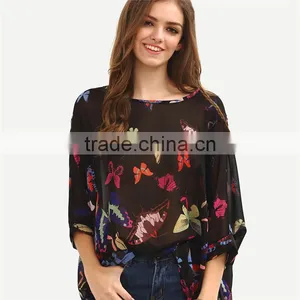 2017 Ladies Boho Batwing Sleeve Chiffon Butterfly Neck Design Blouse thumbnail-5