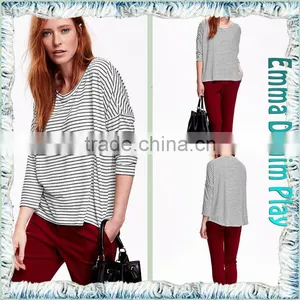 Latest Arrival Ladies Stylish Style 3/4 Sleeve Black White Stripe Knit Cotton O Neck Tee Shirts thumbnail-5