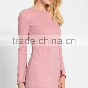 Hot Selling 100 Cotton Pink Skin Tight Knitted Vent Hem Sweater Dress With Wide Sleeves thumbnail-4
