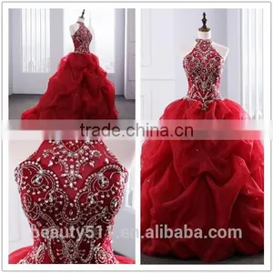 2018 Dramatic Quinceanera Dress Neck Line Beaded Appliques Red Organza Quinceanera Gowns ED025201 thumbnail-1