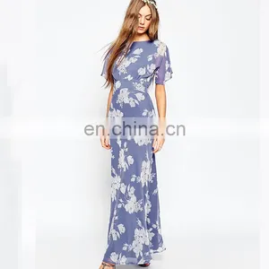 2016 Guangdong Dongguan High Fashion Lady Short Sleeve Printed Chiffon Ladies Long Dress thumbnail-2