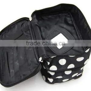 Cosmetic Bag Double Layer Dot Pattern Travel Toiletry Bag Organizer With Mirror,Polka Fabric Makeup Train Artist Case thumbnail-3