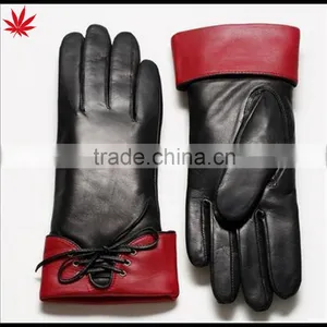 Ladies Gift All Palm Touch Screen Black and Red Sheepskin Leather Gloves thumbnail-1