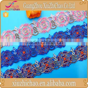 T0606-2 (17501) Multicolor Embroidery Metallic Cording Lace Trim for Islamic Clothing thumbnail-1