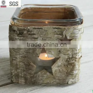 Natural Material Wooden Birch Bark Glass Candle Holder thumbnail-1