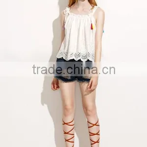 Tank-Tops&Camis Latest Fashion Design Women Clothing Beige Tassel Tie Shoulder Scallop Hem Cami Top thumbnail-3