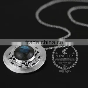 925 Sterling Silver Round Labradorite Carving Flower Tray Fashion Women Neceklace 6360482 thumbnail-2