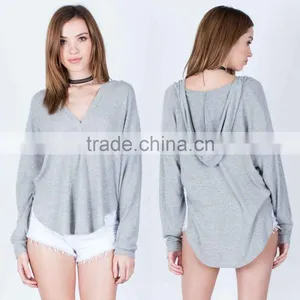 Cut and Sew Hoodie Plunging V-neck Long Sleeves Very Soft Brushed Knit Fabric Super Cozy Athletic Muscle Fit Hoodie For Women thumbnail-1