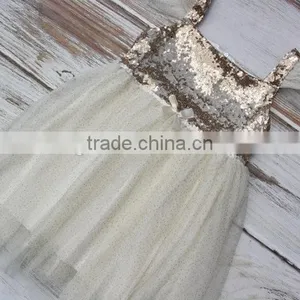 Ivory Gold Sequined Glitter Tulle Lace Fabric Baby Dress Pictures Girls Tutu Dress thumbnail-5