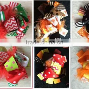 Holiday Halloween Thanks Giving Christmas 6inch Big Feather Chunky Hair Bows thumbnail-1