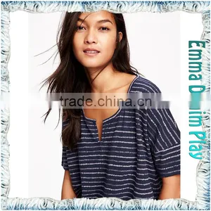 Hot Styles High Quality Ladies Blue White Stripe Knit Open O Neck T-Shirts Adult's Tops thumbnail-2