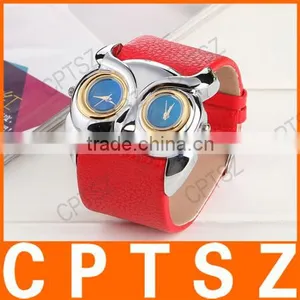 Fashion PU Band Watch Dial Retro Owl Double Double Movement Waterproof Sport Watch thumbnail-1