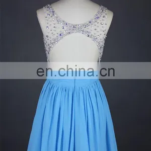 New Arrival Evening Gown Chiffon Beaded See Through Nude Back High Neck Key Hole Open Back Light Blue Formal Long Evening Dress thumbnail-5