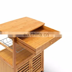 Bamboo Wooden Trolley Cart Cabinet Storage Trolley With Wheels Kitchen Furniture thumbnail-3