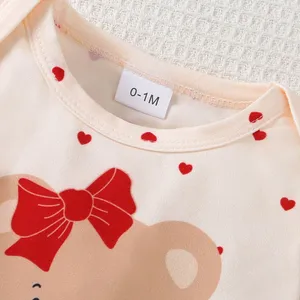 2pcs Newborn Baby's Bowknot Bear Print Long Sleeve Footie, Toddler & Infant Girl's Comfy Footed Romper Set For Spring Fall thumbnail-3