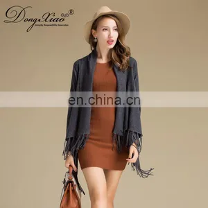 Latest Design Ladies Poncho With Tassel Solid Color Long Sleeves Cashmere Knitted Sweater for Autumn Short Length With Logo Back thumbnail-5