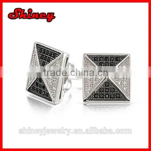 Fathers Day Gift Micro Pave Black White Pyramid CZ Mens Stud Earrings 925 Silver thumbnail-1