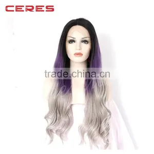 Women Synthetic Lace Front Wigs Cheap Heat Resistant Natural Wavy 3 Tones Dark Roots Purple Grey Hair Wig thumbnail-3