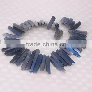 Titanium Blue Quartz Crystal Point Pendant Beads,Top Drilled Raw Quartz Tusk Shape Rock Crystal Pendant Beads thumbnail-1