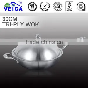 High Quality 30cm Tri-ply Stainless Steel Wok With Lid/Induction Bottom/cast Stainless Steel Handle thumbnail-1
