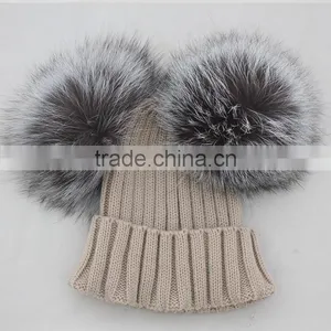 Myfur Bright Orange Wool Beanie With Detachable Double Real Silver Fox Fur Pompoms thumbnail-4