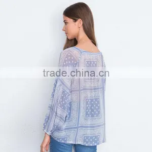 Fringed Drawstring Elastic Neckline Sheer Georgette Peasant Blouse thumbnail-3